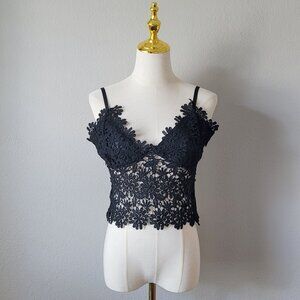 Black Floral Lace Bralette Crop Top | Sheer Lace Cami Festival Style | Size XS